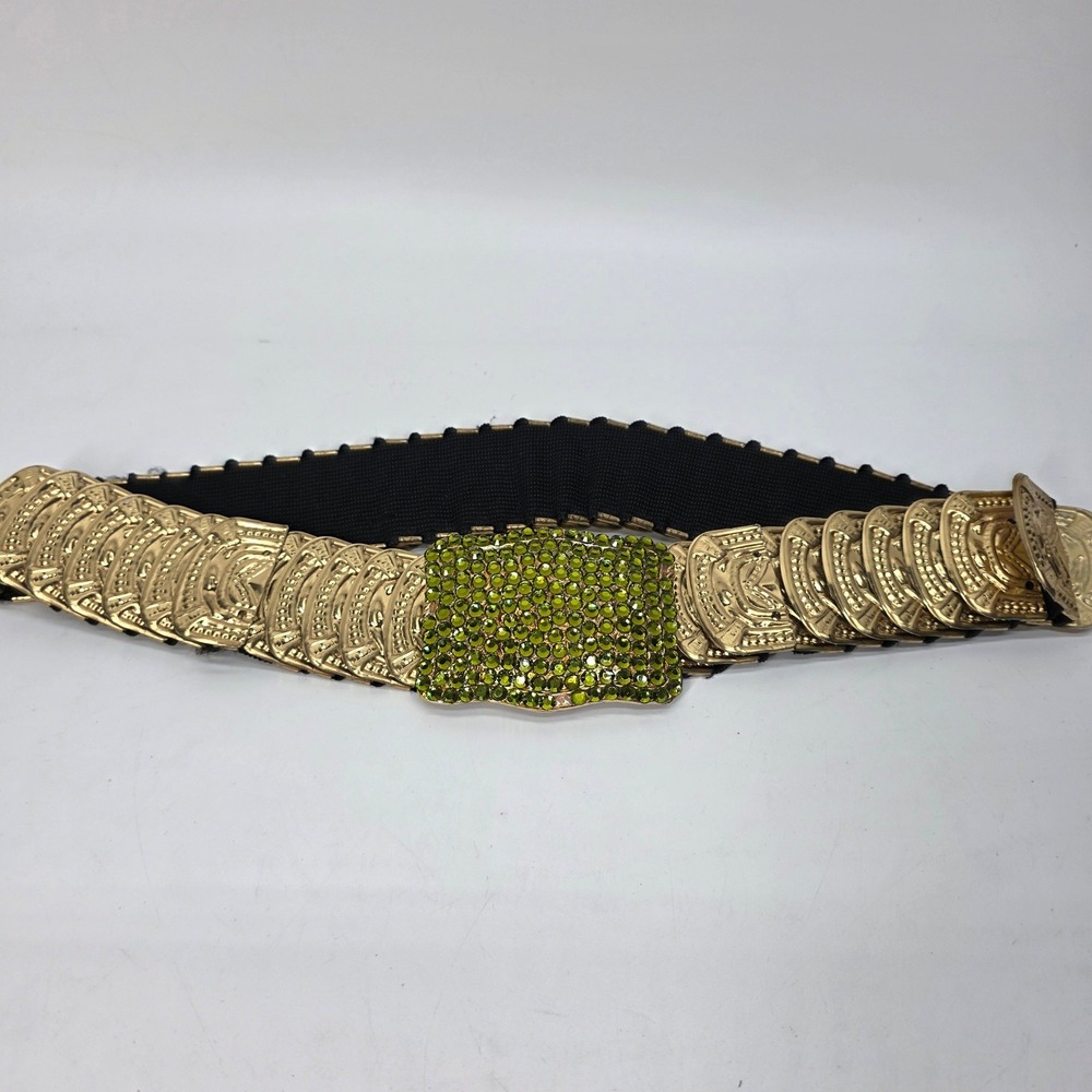 Vintage Waist Belt Stretch Gold Green Rhinestones OS Mermaid Scale Y2K Glam Boho - Picture 2 of 10